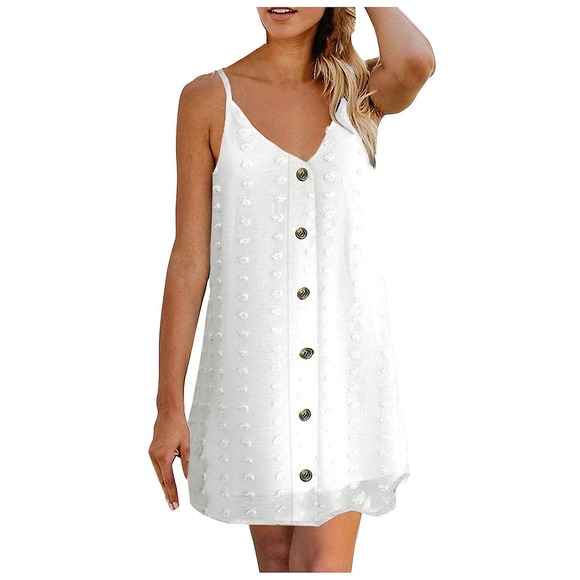 boutique Dresses & Skirts - Boutique Summer Ladies V-Neck Buckle Strap Boho Dots Dress White | Sz S [A55]